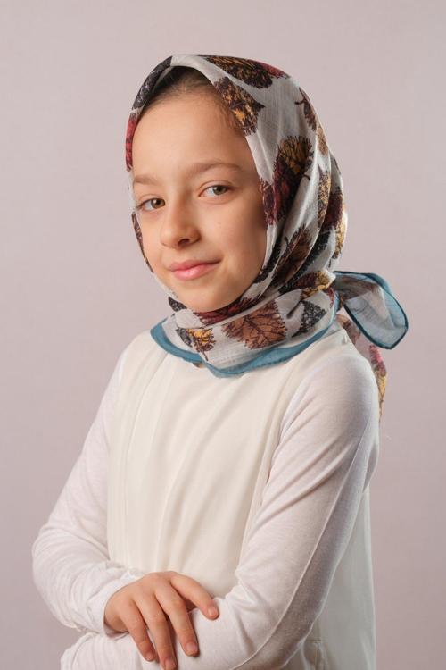 Petrol Mavisi Dijital Baskılı Çocuk Tesettür Eşarp Pamuk Polyester Yaprak Desenli 6003_17