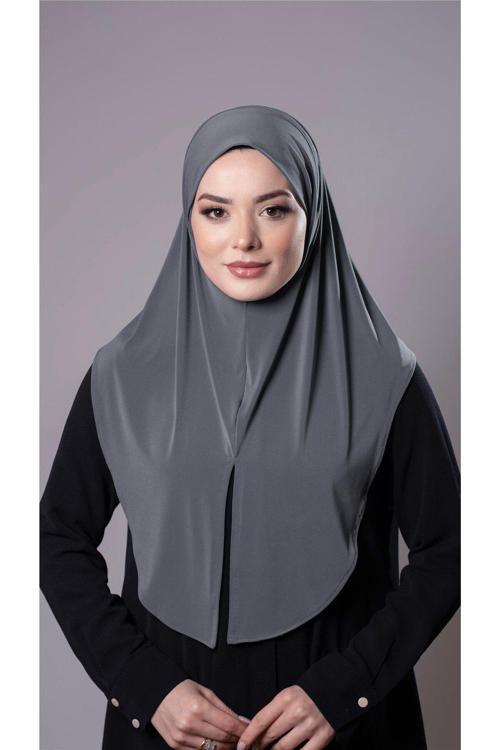 Antrasit Pratik Hazır Geçmeli Tesettür Eşarp Sandy Kumaş Yırtmaçlı Düz Hijab 2310_25