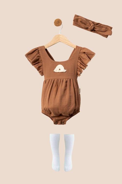 Minytrendy Kız Bebek Eliza Müslin Romper Set Yenidoğan Tulum Bandanalı Çoraplı 3 Parça Takım Hediyelik