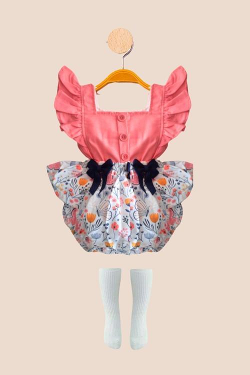 Minytrendy Kız Bebek Çocuk Romper Çorap Takım Konsept Bebek Elbise Yazlık Salopet Takım
