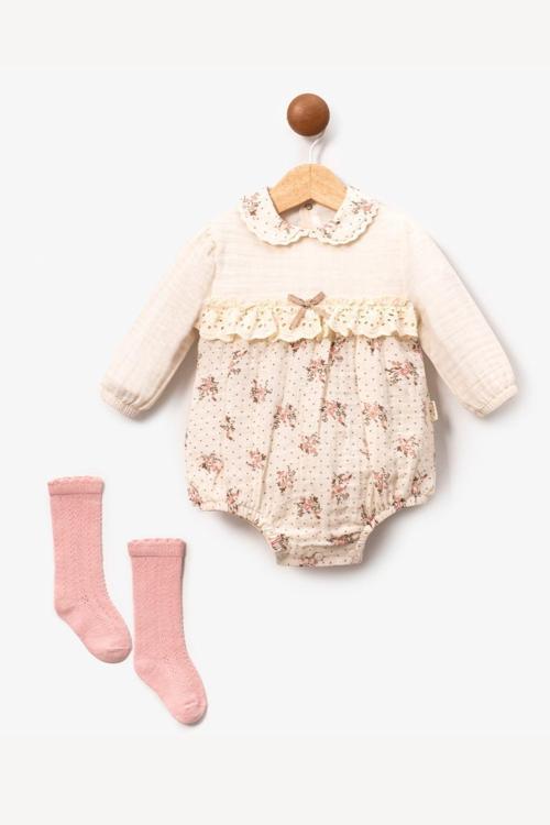 Minytrendy Kız Bebek Romper Çiçekli Müslin Yenidoğan Tulum Çoraplı Takım Hediyelik Bebek Bayramlık Elbise Takım