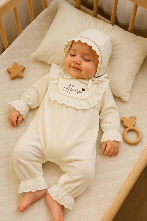 Minytrendy Kız Bebek Yenidoğan Tulum Vintage Gold Simli Fistolu Hastane Çıkışı Mevlüt Boneli Takım Bebek Kırkı