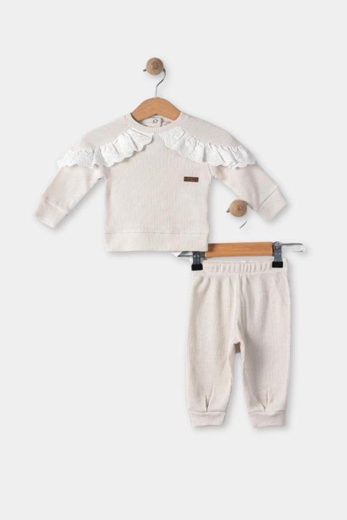 Minytrendy Yenidoğan Kız Bebek Çocuk Fırfırlı Fistolu Sweatshirt Waffle Alt Üst 2'Li Takım