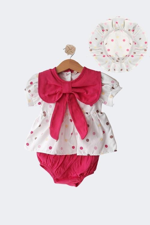 Minytrendy Kız Bebek/Çocuk Puanlı Balon Kol Yaka Detaylı Şapkalı Bayramlık Takım-Fuşya