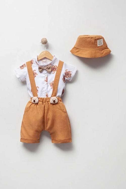 Minytrendy Erkek Bebek 3 Parça Papyonlu Ayıcık Gömlekli Şapkalı Yazlık Müslin Salopet Bayramlık Takım Hediyelik