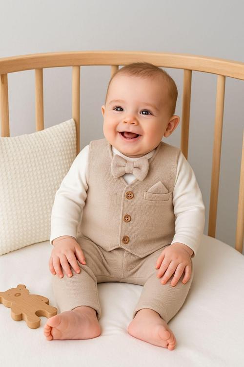 Minytrendy Yenidoğan Erkek Bebek Mevlüt Takımı  Yelekli Papyonlu Gömlek Ve Pantolon Bayramlık Özel Gün Takım