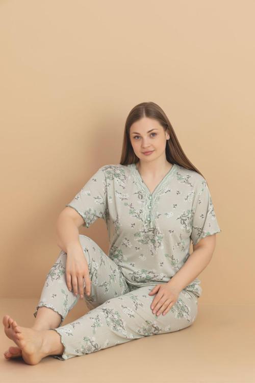 Kadın Büyük Beden Dantel Yaka Bambu Kısa Kol İnce Pijama Takımı 5990 - 1 Adet