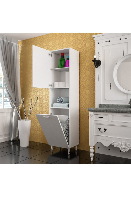 45*160 Cm Kirli Çamaşır Dolabı Tek Kapaklı Açık Raflı Sepetli Banyo Dolabı