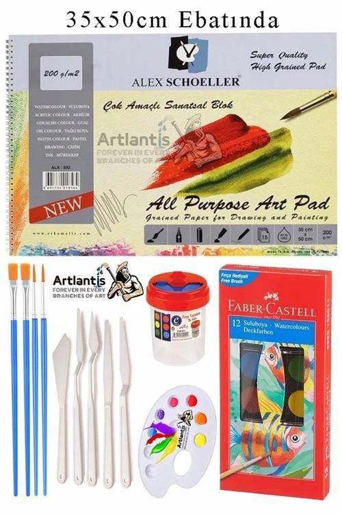 Alex Schoeller Çok Amaçlı Sanatsal Blok 35x50 200 gr 15 Yaprak Faber 12 Renk Sulu Boya Plastik Spatula Fırça