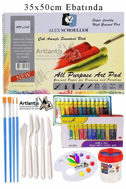 Alex Schoeller Çok Amaçlı Sanatsal Blok 35x50 200 gr 15 Yaprak Fanart 12 Renk 12 ml Yağlı Boya Plastik Spatula Fırça