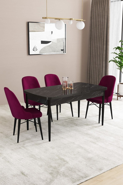 Elizya Mdf Siyah Mermer Desenaçılabilir 80X132 Cm 4 Sandalyeli Mutfak Masası Takımı