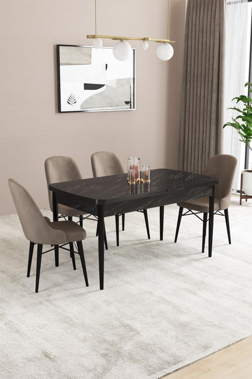 Elizya Mdf Siyah Mermer Desenaçılabilir 80X132 Cm 4 Sandalyeli Mutfak Masası Takımı