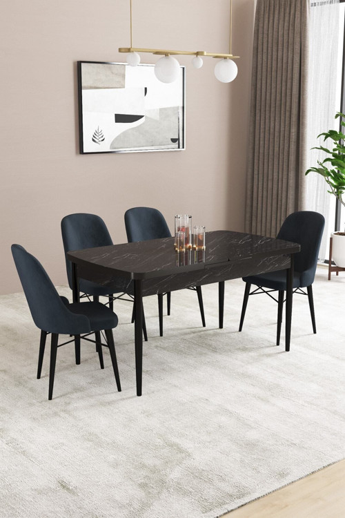 Elizya Mdf Siyah Mermer Desenaçılabilir 80X132 Cm 4 Sandalyeli Mutfak Masası Takımı