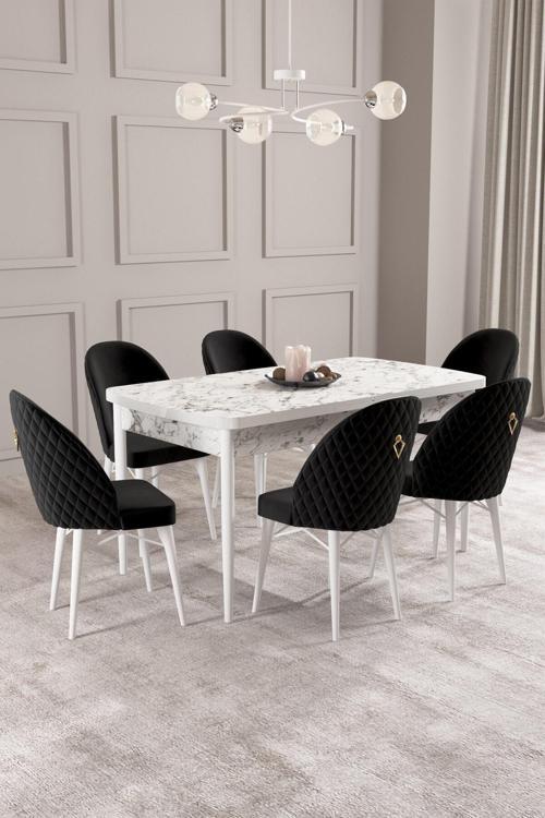 Arya Beyaz Mermer Desen 80X132 Mdf Açılabilir Mutfak Masası Takımı 6 Adet Sandalye