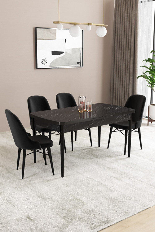 Elizya Mdf Siyah Mermer Desenaçılabilir 80X132 Cm 4 Sandalyeli Mutfak Masası Takımı