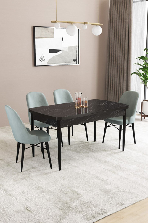 Elizya Mdf Siyah Mermer Desenaçılabilir 80X132 Cm 4 Sandalyeli Mutfak Masası Takımı