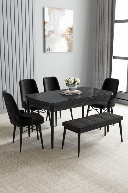 Jusie Siyah Mermer Desen 80X132 Açılabilir Yemek Odası Takımı 4 Sandalye, 1 Bench