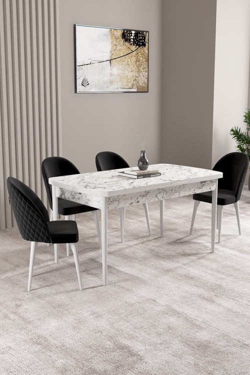 Lima Beyaz Mermer Desen 70X114 Mdf Açılabilir Mutfak Masası Takımı 4 Adet Sandalye