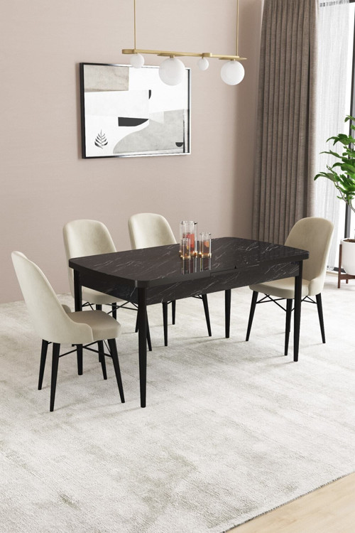 Elizya Mdf Siyah Mermer Desenaçılabilir 80X132 Cm 4 Sandalyeli Mutfak Masası Takımı