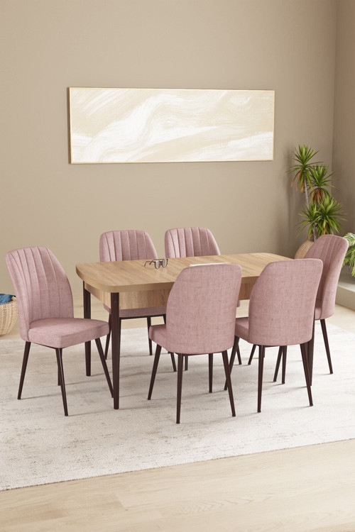 Floryn Mdf Meşe Desen Açılabilir 80X132 Cm 6 Sandalyeli Mutfak Masası Takımı