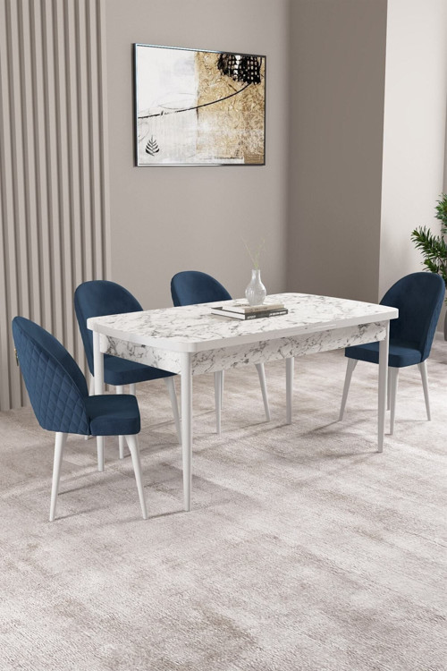 Lima Beyaz Mermer Desen 70X114 Mdf Açılabilir Mutfak Masası Takımı 4 Adet Sandalye