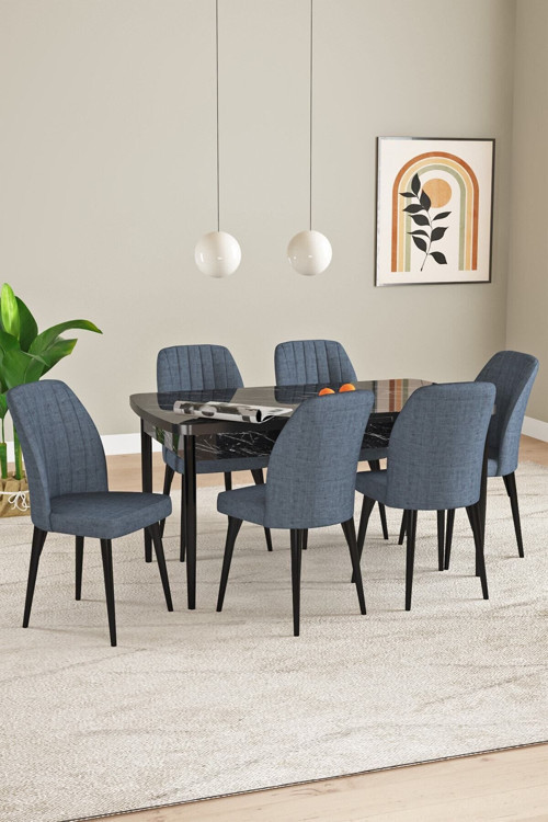 Elis Siyah Mermer Desen 80X132 Açılabilir Masa Takımı 6 Adet Sandalye