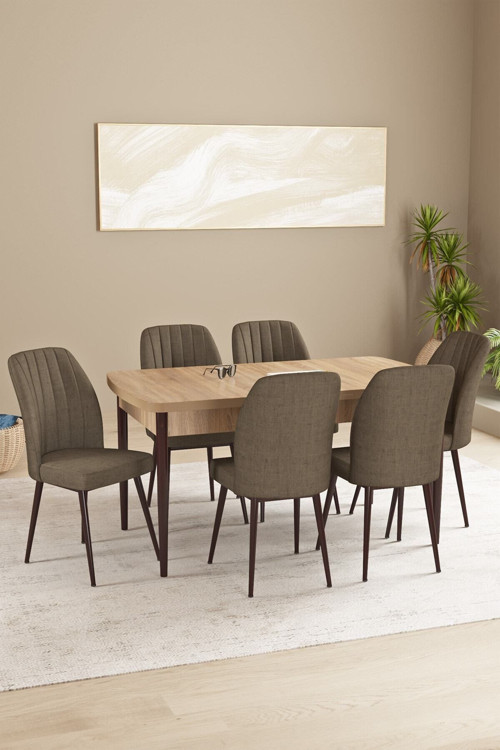 Floryn Mdf Meşe Desen Açılabilir 80X132 Cm 6 Sandalyeli Mutfak Masası Takımı