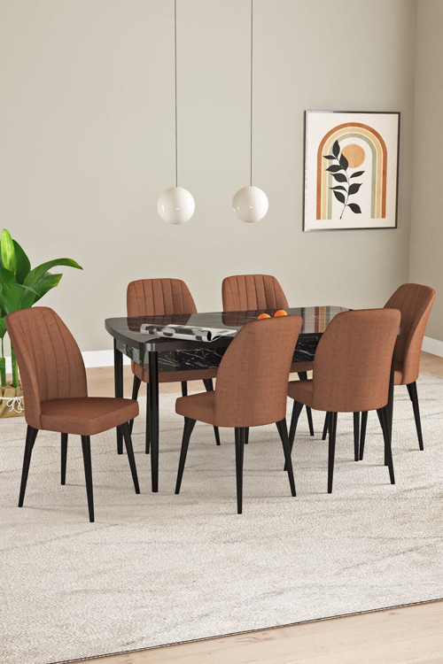 Elis Siyah Mermer Desen 80X132 Açılabilir Masa Takımı 6 Adet Sandalye