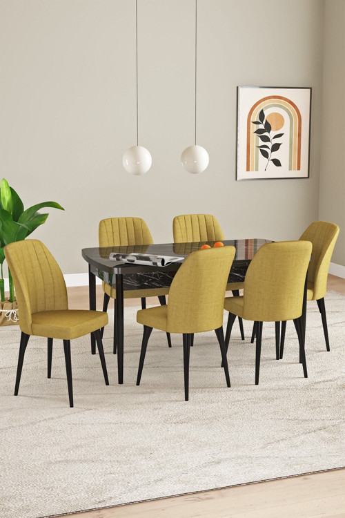 Elis Siyah Mermer Desen 80X132 Açılabilir Masa Takımı 6 Adet Sandalye