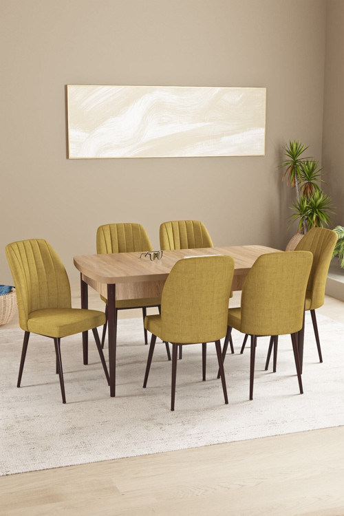 Floryn Mdf Meşe Desen Açılabilir 80X132 Cm 6 Sandalyeli Mutfak Masası Takımı