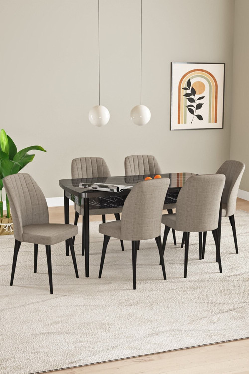 Elis Siyah Mermer Desen 80X132 Açılabilir Masa Takımı 6 Adet Sandalye