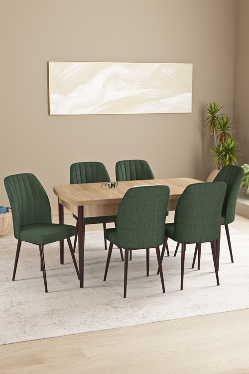 Floryn Mdf Meşe Desen Açılabilir 80X132 Cm 6 Sandalyeli Mutfak Masası Takımı
