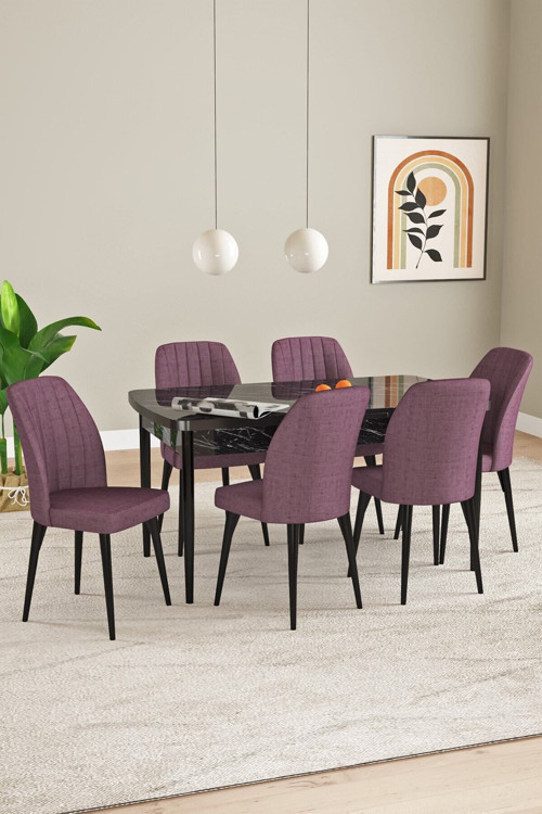 Elis Siyah Mermer Desen 80X132 Açılabilir Masa Takımı 6 Adet Sandalye