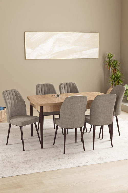 Floryn Mdf Meşe Desen Açılabilir 80X132 Cm 6 Sandalyeli Mutfak Masası Takımı