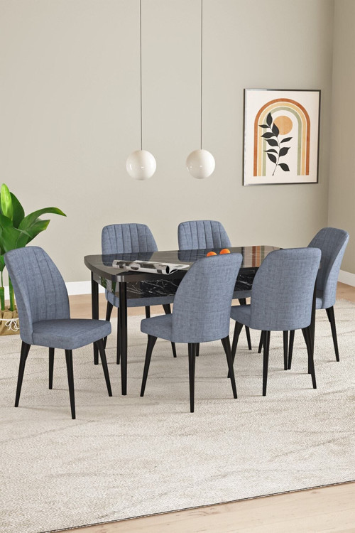 Elis Siyah Mermer Desen 80X132 Açılabilir Masa Takımı 6 Adet Sandalye