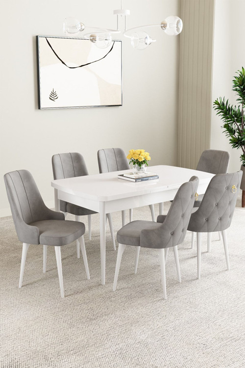 Clara Beyaz 80X132 Açılabilir Yemek Odası Takımı 6 Adet Sandalye