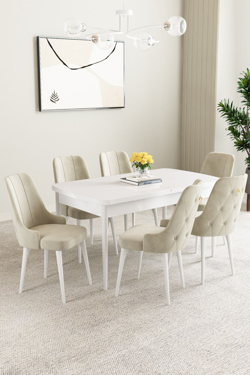 Clara Beyaz 80X132 Açılabilir Yemek Odası Takımı 6 Adet Sandalye
