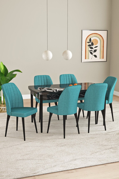 Elis Siyah Mermer Desen 80X132 Açılabilir Masa Takımı 6 Adet Sandalye