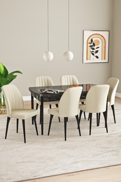 Elis Siyah Mermer Desen 80X132 Açılabilir Masa Takımı 6 Adet Sandalye