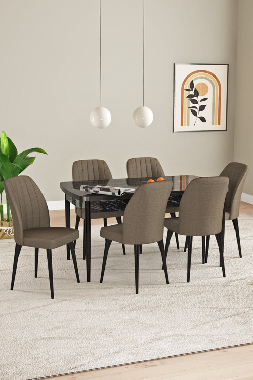 Elis Siyah Mermer Desen 80X132 Açılabilir Masa Takımı 6 Adet Sandalye