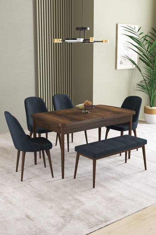 Ikon Barok Desen 80X132 Mdf Açılabilir Yemek Masası Takımı 4 Sandalye, 1 Bench