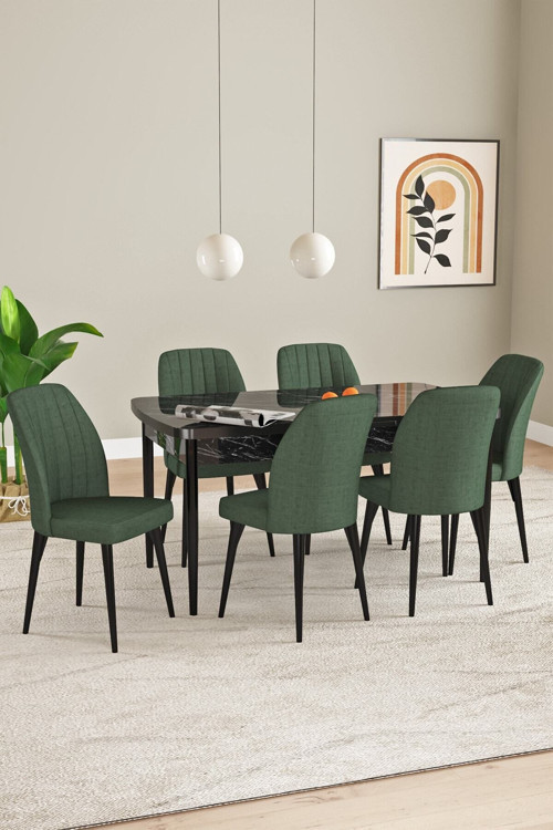 Elis Siyah Mermer Desen 80X132 Açılabilir Masa Takımı 6 Adet Sandalye