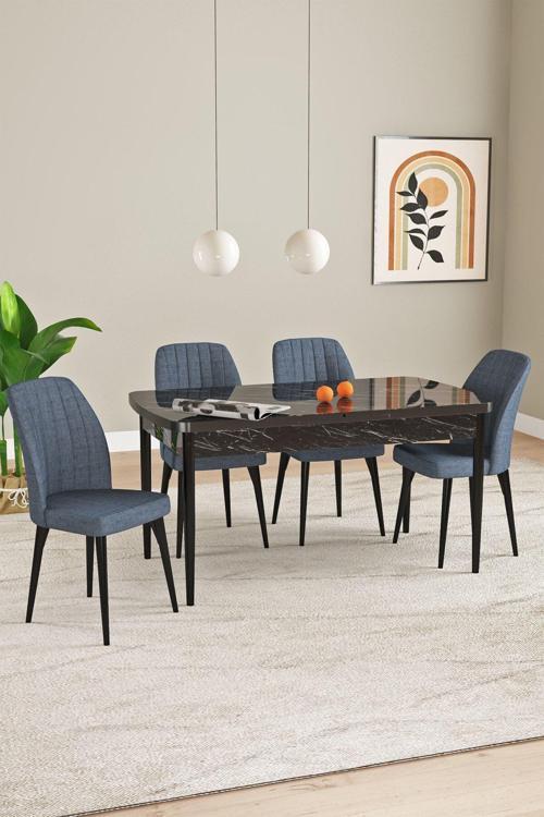 Elis Siyah Mermer Desen 80X132 Açılabilir Masa Takımı 4 Adet Sandalye