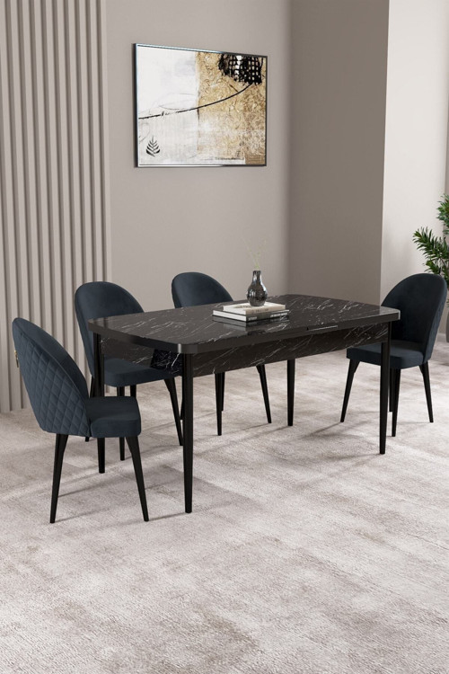 Lima Siyah Mermer Desen 80X132 Mdf Açılabilir Mutfak Masası Takımı 4 Adet Sandalye