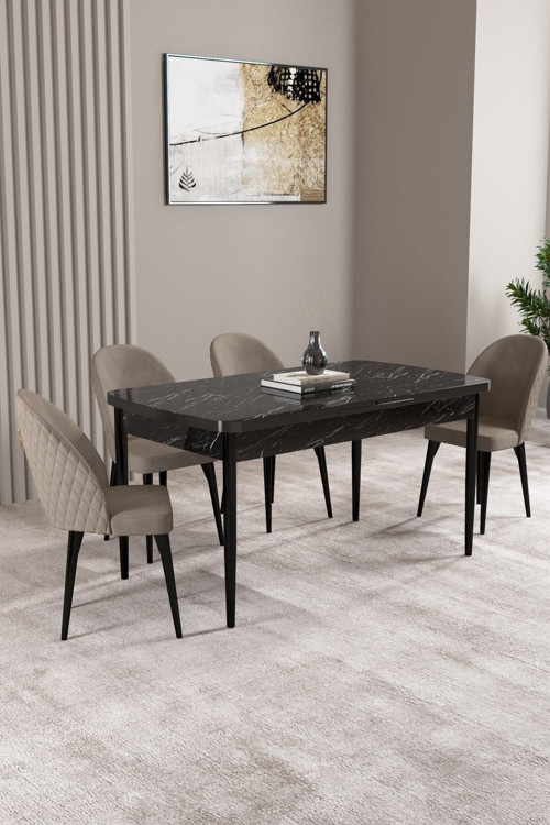 Lima Siyah Mermer Desen 80X132 Mdf Açılabilir Mutfak Masası Takımı 4 Adet Sandalye