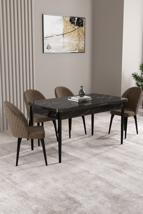 Lima Siyah Mermer Desen 80X132 Mdf Açılabilir Mutfak Masası Takımı 4 Adet Sandalye