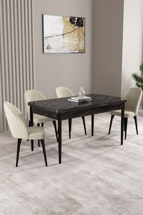 Lima Siyah Mermer Desen 80X132 Mdf Açılabilir Mutfak Masası Takımı 4 Adet Sandalye