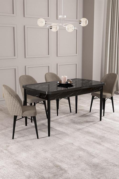 Calvin Siyah Mermer Desen 80X132 Mdf Açılabilir Mutfak Masası Takımı 4 Adet Sandalye