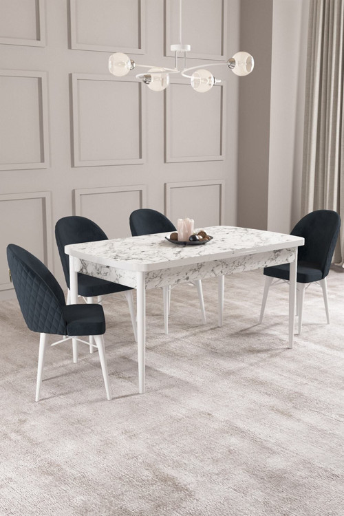 Arya Beyaz Mermer Desen 70X114 Mdf Açılabilir Yemek Masası Takımı 4 Adet Sandalye