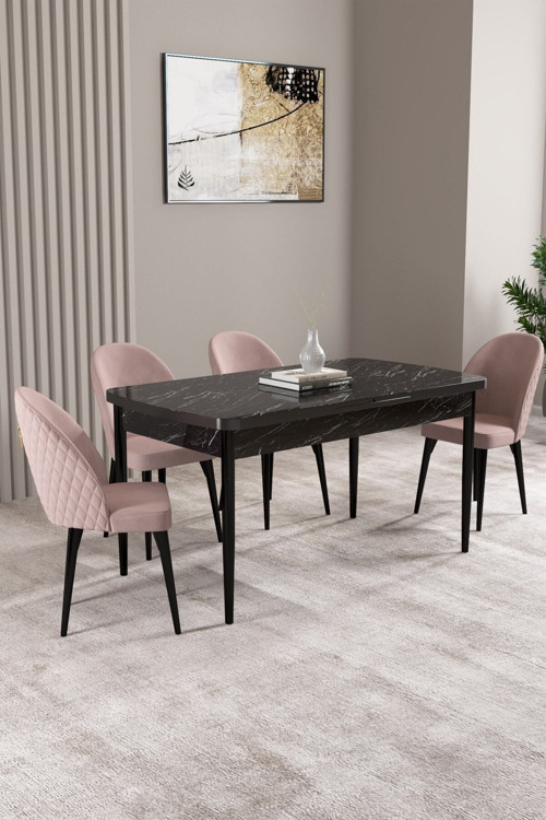 Lima Siyah Mermer Desen 80X132 Mdf Açılabilir Mutfak Masası Takımı 4 Adet Sandalye
